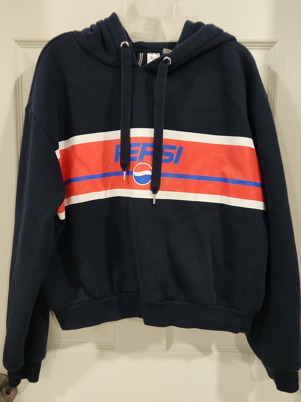 Divided H&M Pepsi Cropped Hoodie Navy Blue Red Stripe Size M Medium EUC Retro